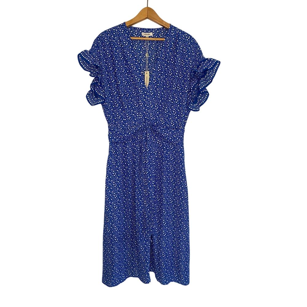 NWT Max Studio Blue Floral Midi Dress V Neck Pockets Cottagecore Medium Feminine